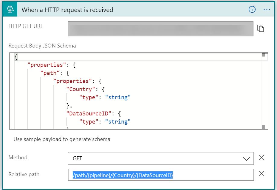 HTTP Request trigger in a logic app with 3 path parameters: pipeline, country, Data Source ID