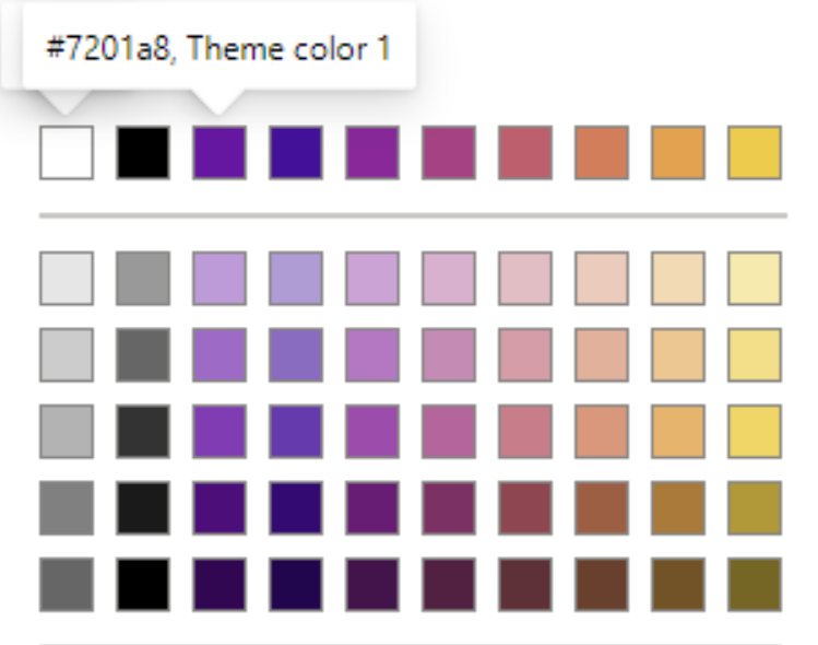 The Power BI color picker for a data colors in a column chart. It shows white, black, and then the 8 colors from the plasma color palette which range from dark purple to pink to yellow.