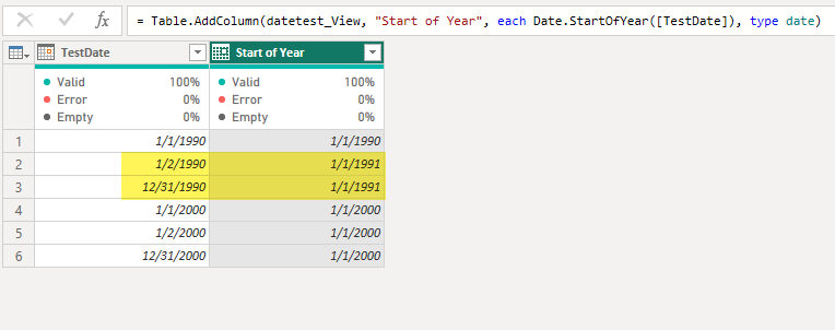 A table in the Power Query Editor showing that it calculated the start of year for 2 Jan 1990 as 1 Jan 1991. 