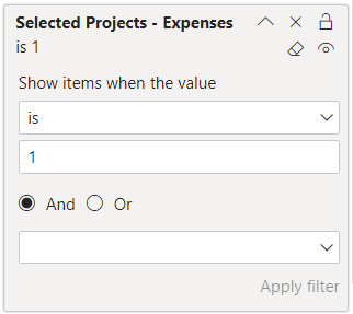 Visual-level filter for Selected Projects - Expenses set to show items with the value is 1.